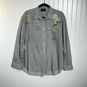 P.G.B. VTG Button Up Shirt X-Large Black Strip Embroidered Palm Trees Tropical